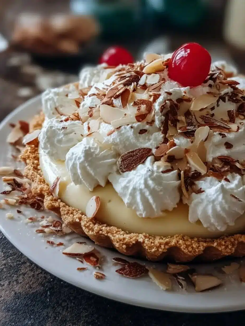 Creamy Almond Amaretto Pie with almond topping and amaretto liqueur flavor.