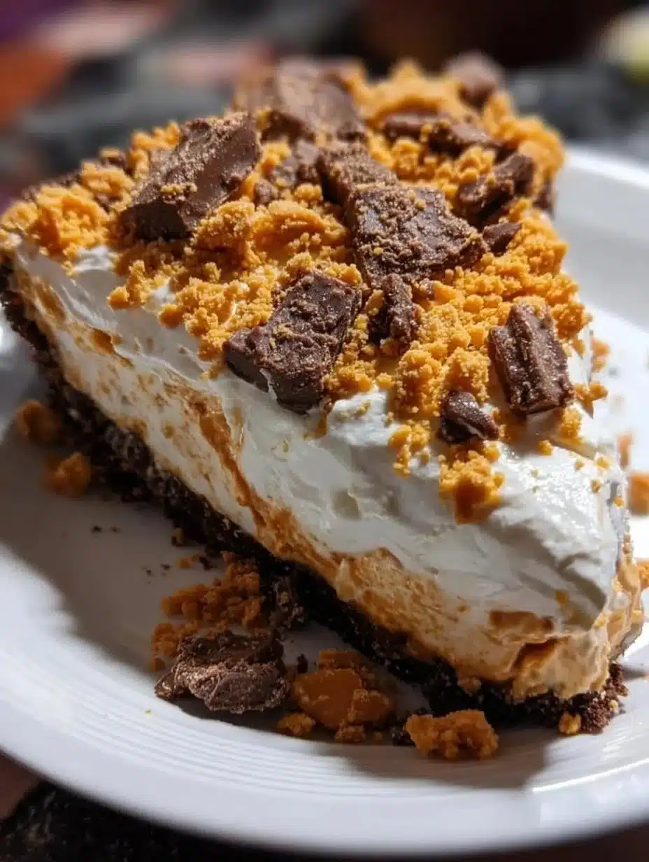 Delicious creamy Butterfinger Pie topped with crushed Butterfinger candies