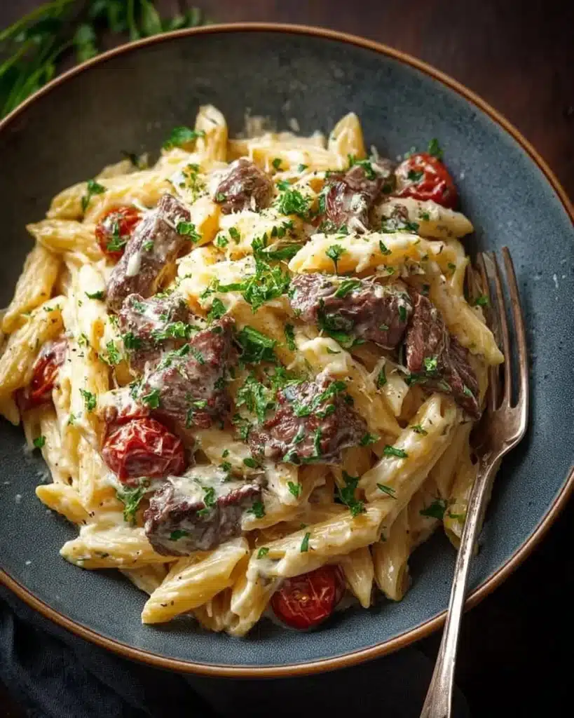 Creamy garlic steak pasta garnished with fresh herbs and Parmesan cheese.