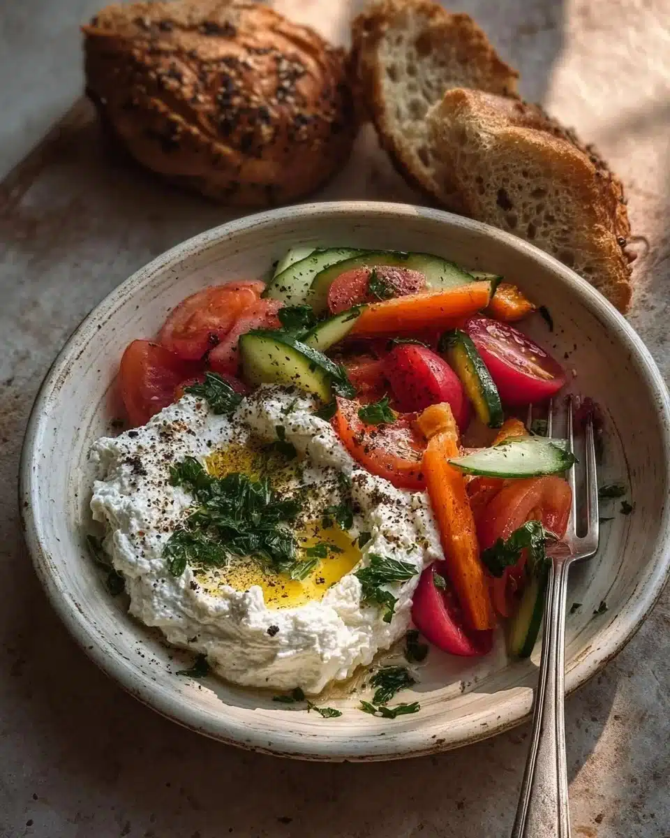 Creamy labneh dip served with a variety of fresh garden vegetables.