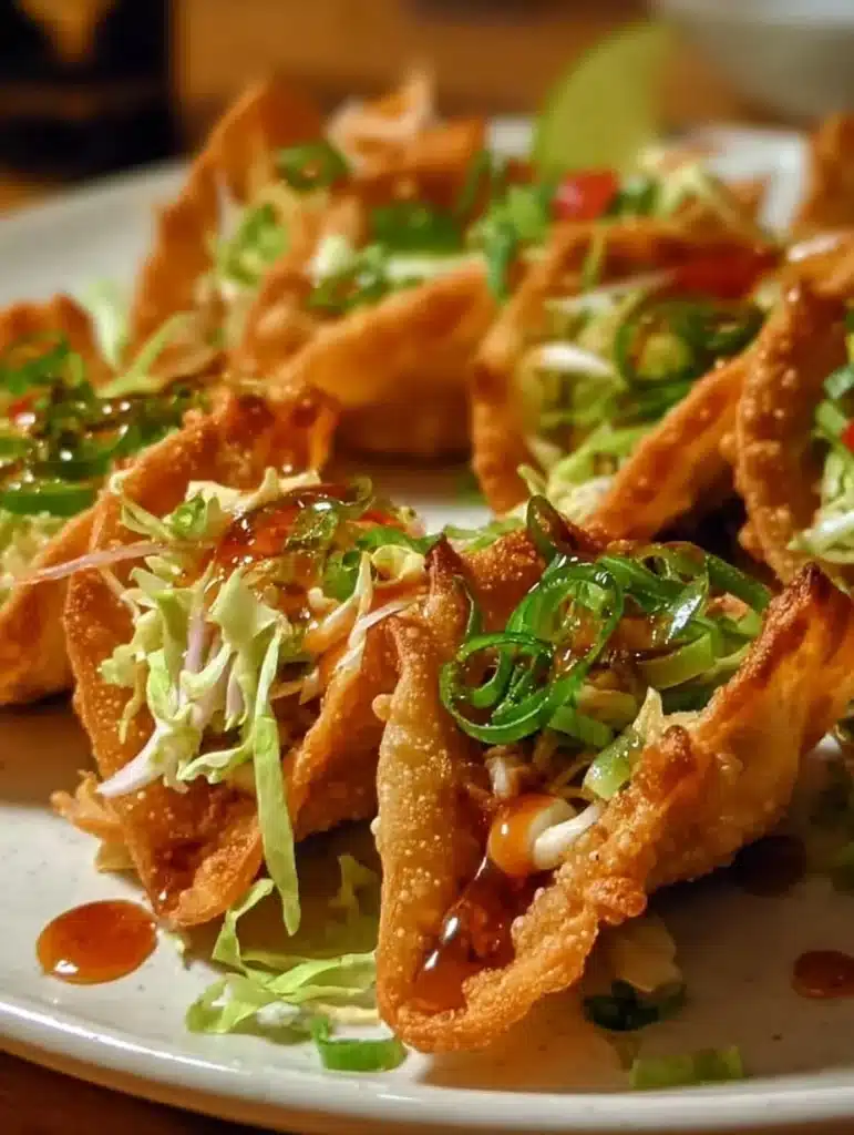Crispy chicken wonton tacos served on a plate with fresh toppings