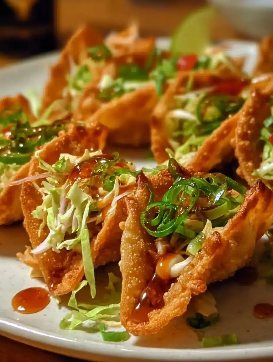 Crispy Chicken Wonton Tacos 1 Crispy chicken wonton tacos served on a plate with fresh toppings