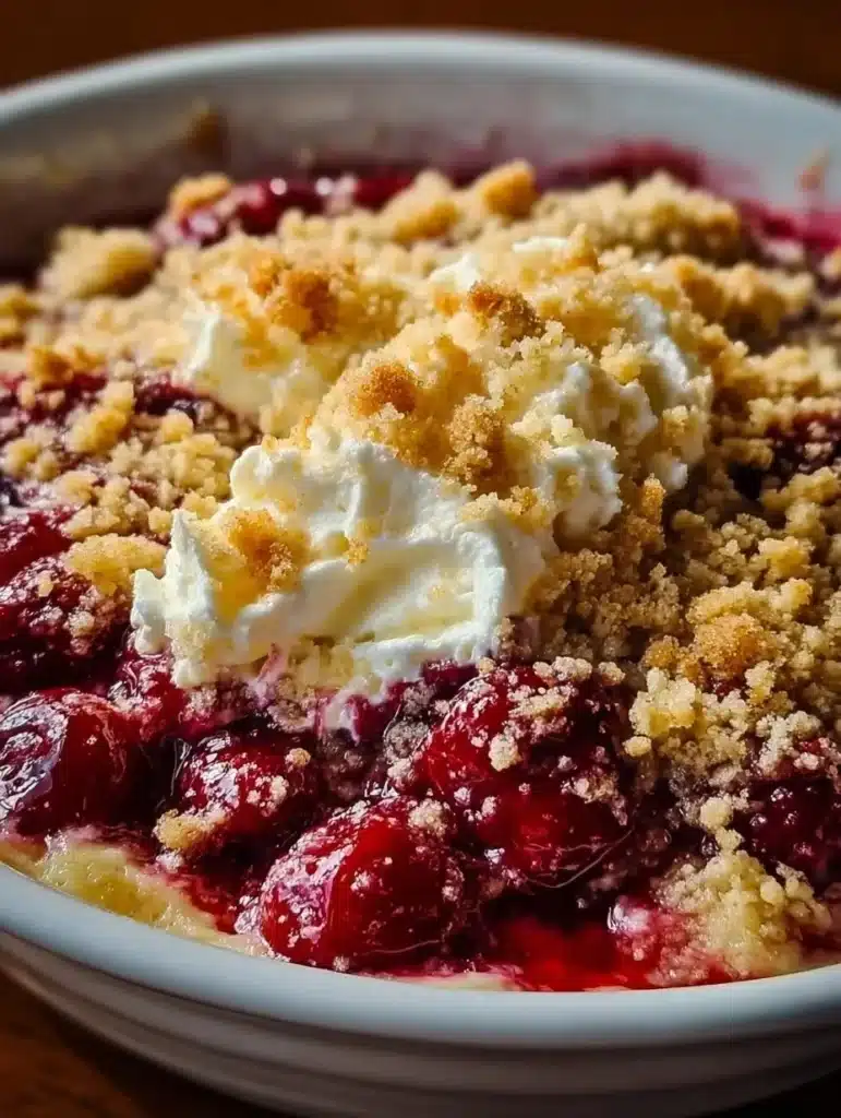 Slice of crumb-topped cherry cheesecake dump cake on a plate
