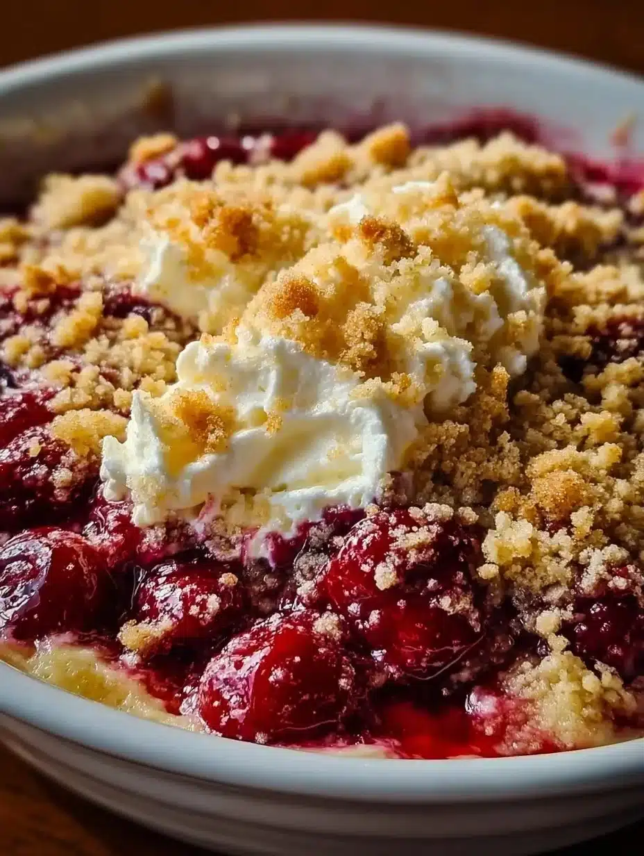 Slice of crumb-topped cherry cheesecake dump cake on a plate