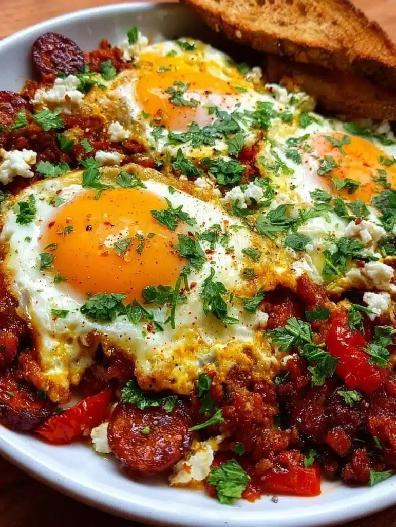 A plate of delicious eggs with chorizo, garnished and ready to serve.