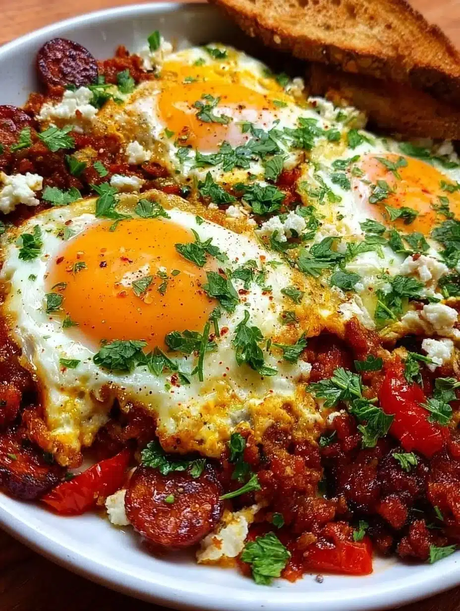A plate of delicious eggs with chorizo, garnished and ready to serve.