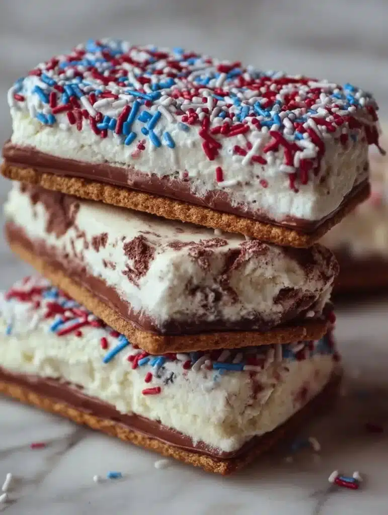 Colorful Fourth of July ice cream sandwiches with festive decorations