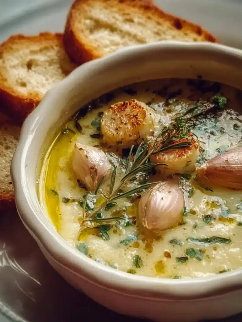 Bowl of French-Style Garlic Soup garnished with herbs and garlic cloves