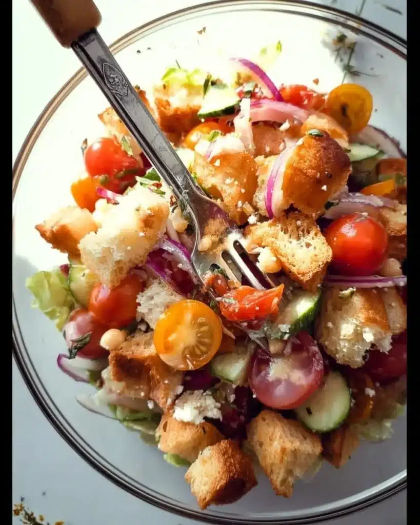 Fresh garden summer panzanella salad with colorful vegetables and bread