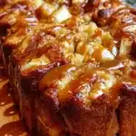 Gooey caramel apple monkey bread freshly baked and drizzled with caramel sauce
