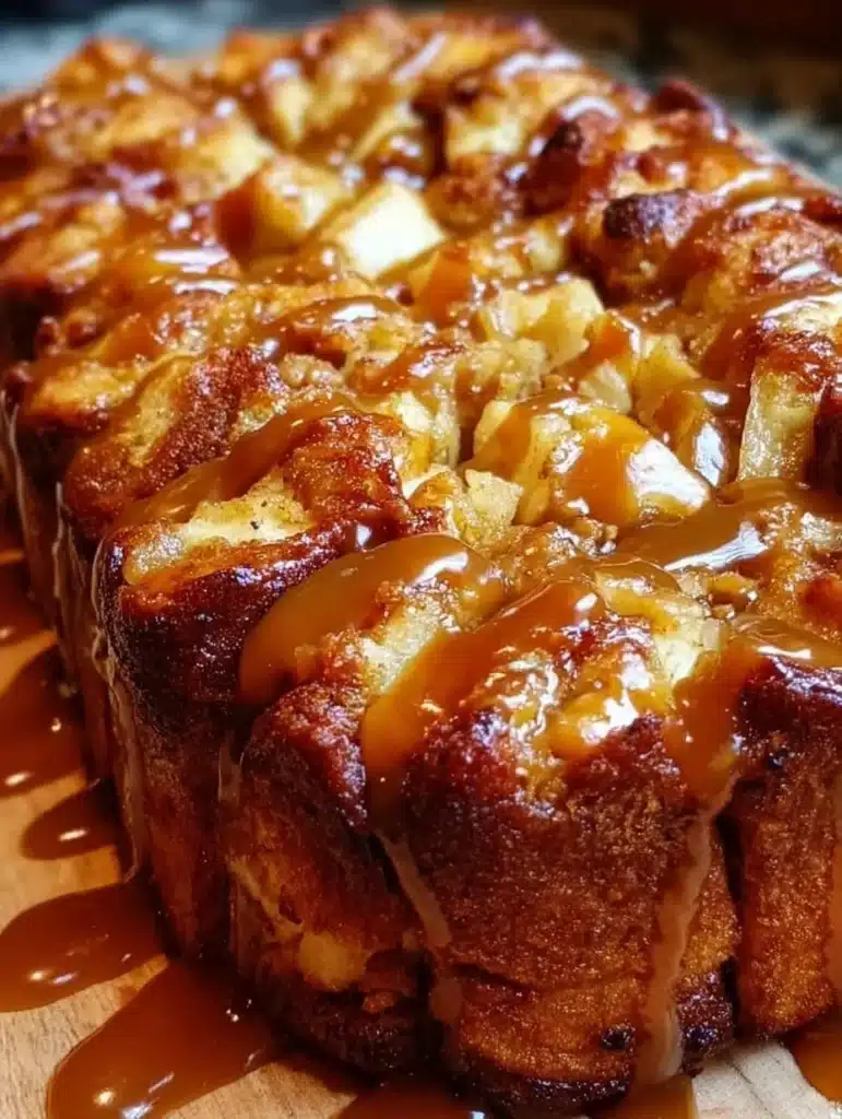 Gooey caramel apple monkey bread freshly baked and drizzled with caramel sauce