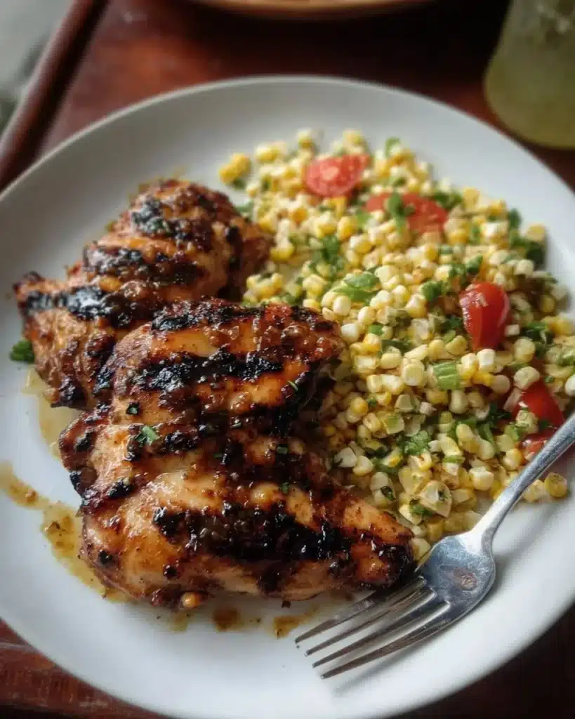 Grilled honey-chili chicken served with colorful corn salad.
