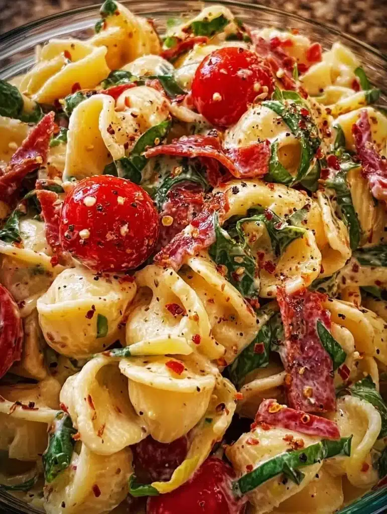 A vibrant bowl of Marry-Me Pasta Salad with colorful vegetables and pasta.