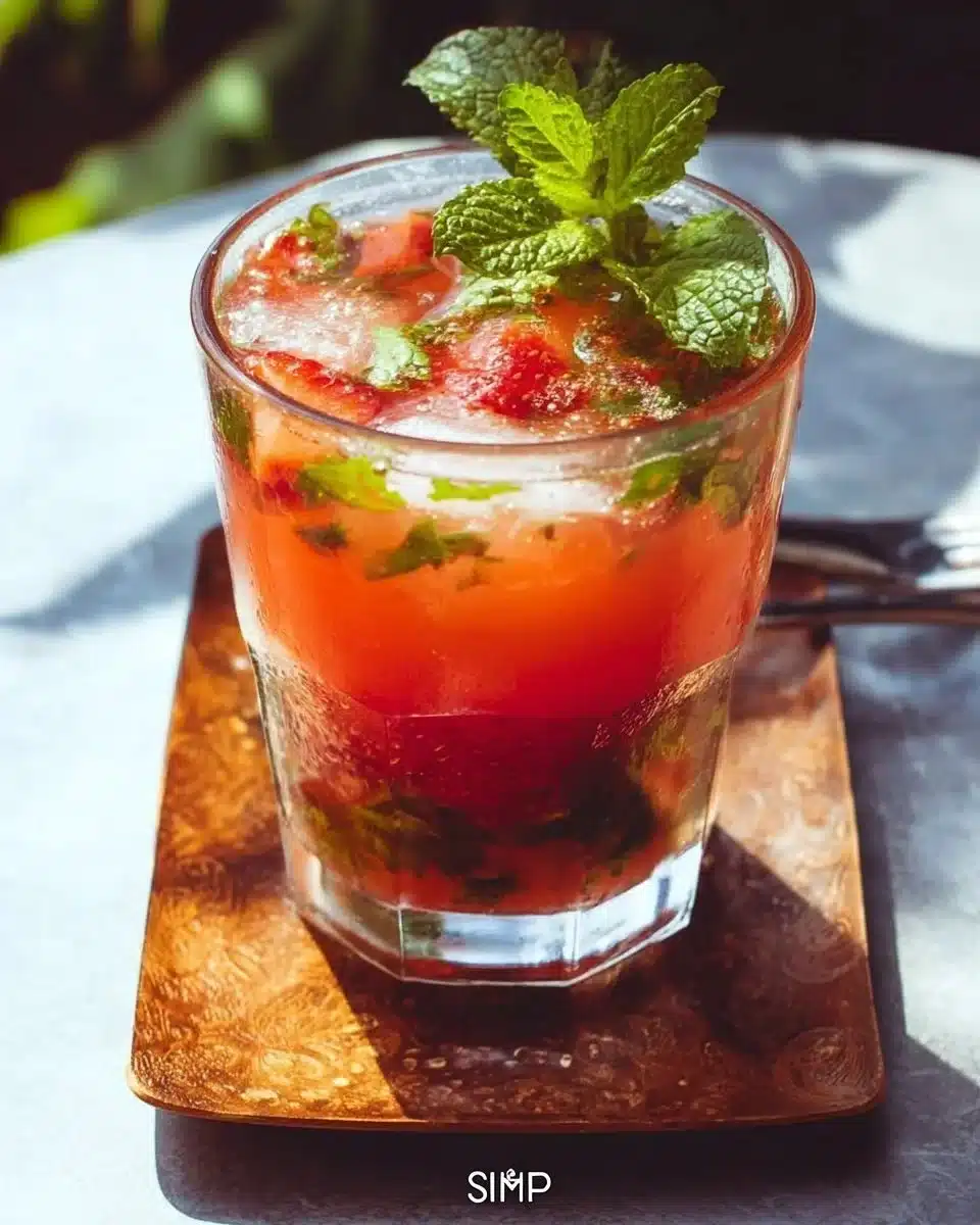 A refreshing Minty Strawberry Mojito cocktail garnished with mint and strawberries.