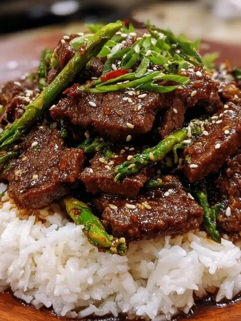 Delicious plate of Mongolian Beef with vegetables and sauce
