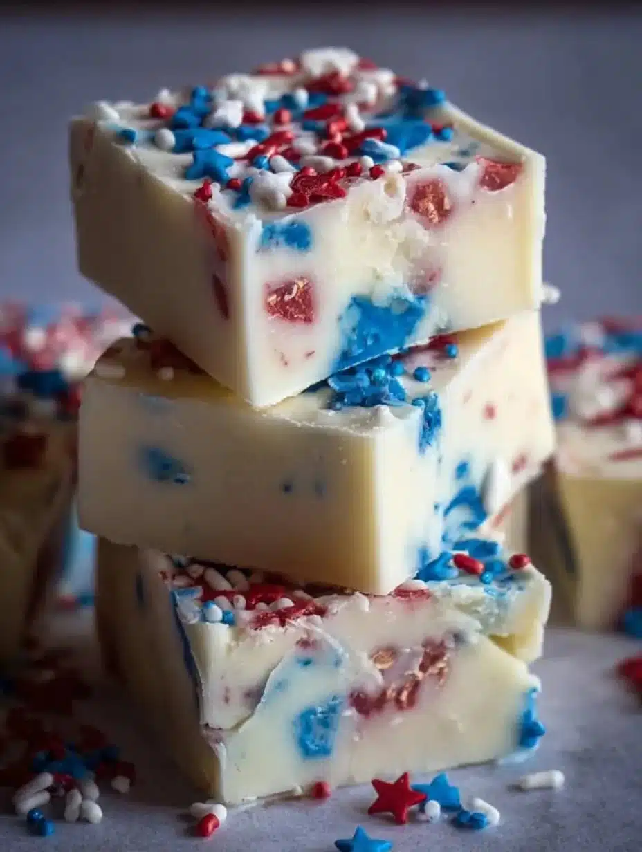 Patriotic White Chocolate Fudge for the Fourth of July 1 Patriotic white chocolate fudge decorated for the Fourth of July