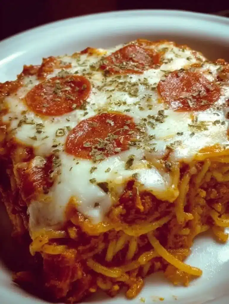 A delicious serving of pizza spaghetti casserole topped with cheese and herbs.