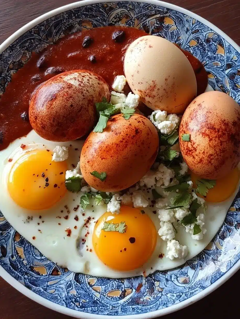 A plate of flavorful Ranch-Style Eggs garnished with herbs.