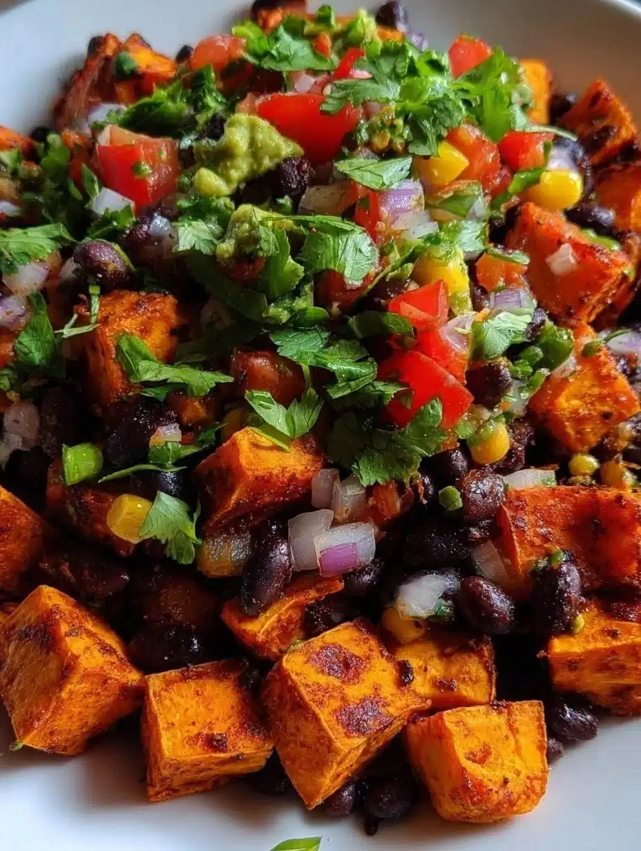 Roasted sweet potato salad with black beans, garnished with fresh herbs