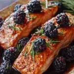 Plate of Salmon with Bourbon-Blackberry Glaze garnished with fresh blackberries