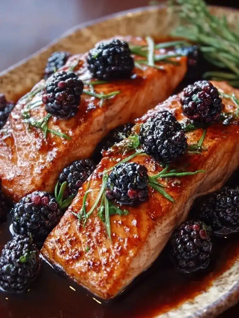 Plate of Salmon with Bourbon-Blackberry Glaze garnished with fresh blackberries