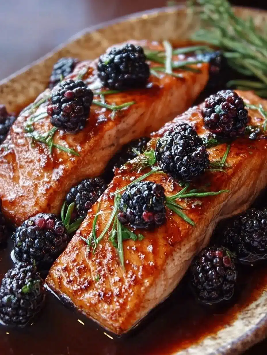 Plate of Salmon with Bourbon-Blackberry Glaze garnished with fresh blackberries