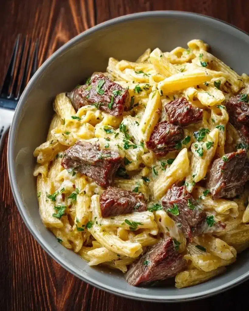 Delicious plate of Silky Creamed Steak Pasta with tender steak and creamy sauce