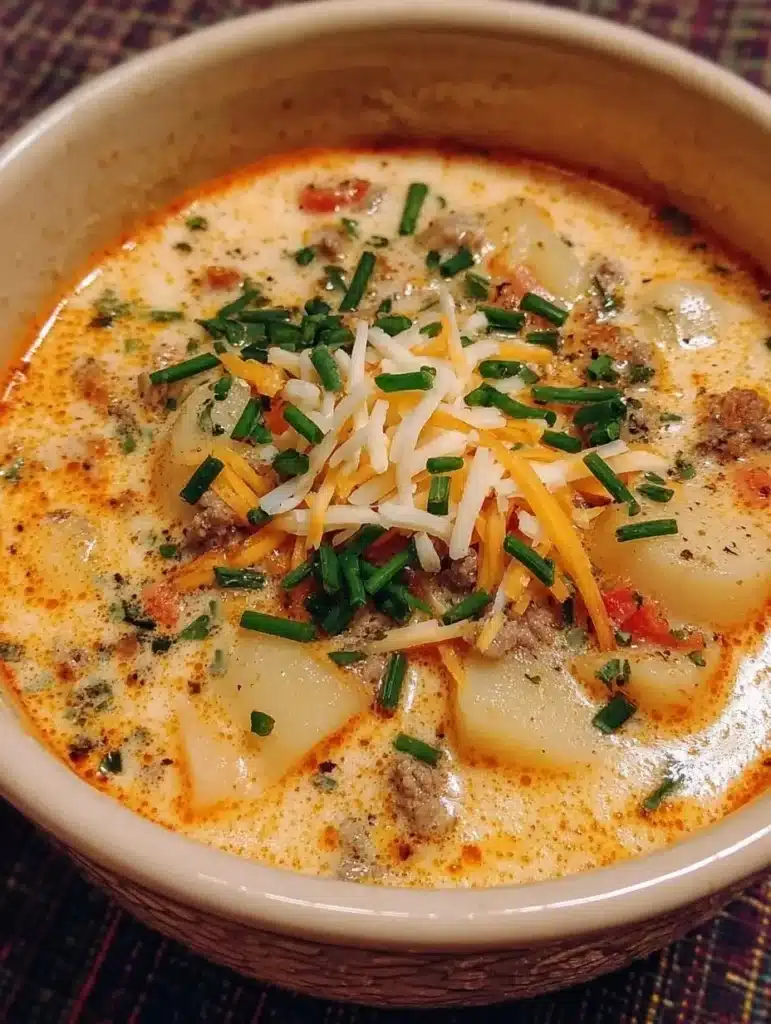 Silky Western Cowboy Soup in a bowl, featuring hearty ingredients.