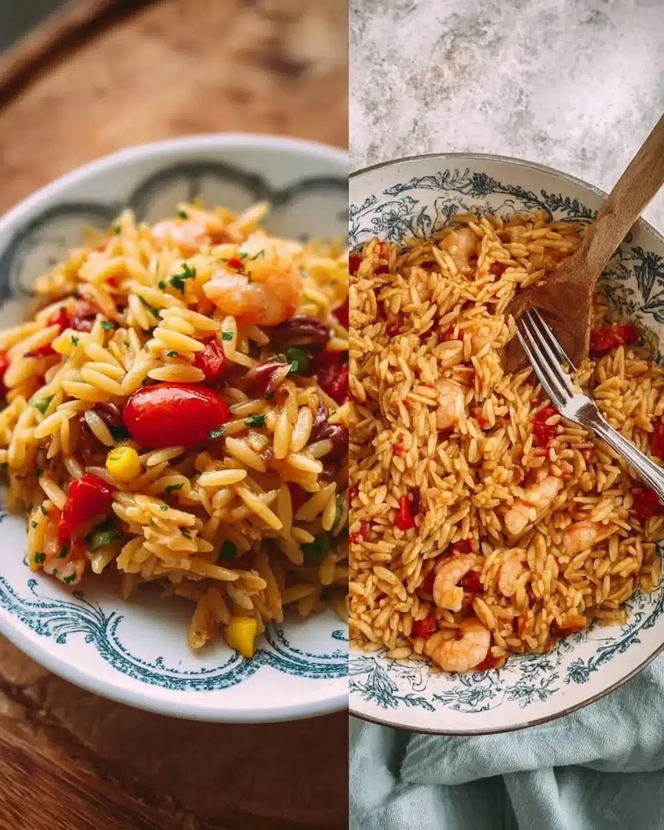 Delicious simple orzo pasta dish with fresh herbs and vegetables