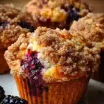 Soft blackberry muffins with a crunchy streusel topping ready to be enjoyed