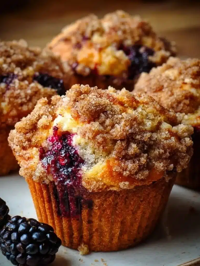 Soft blackberry muffins with a crunchy streusel topping ready to be enjoyed