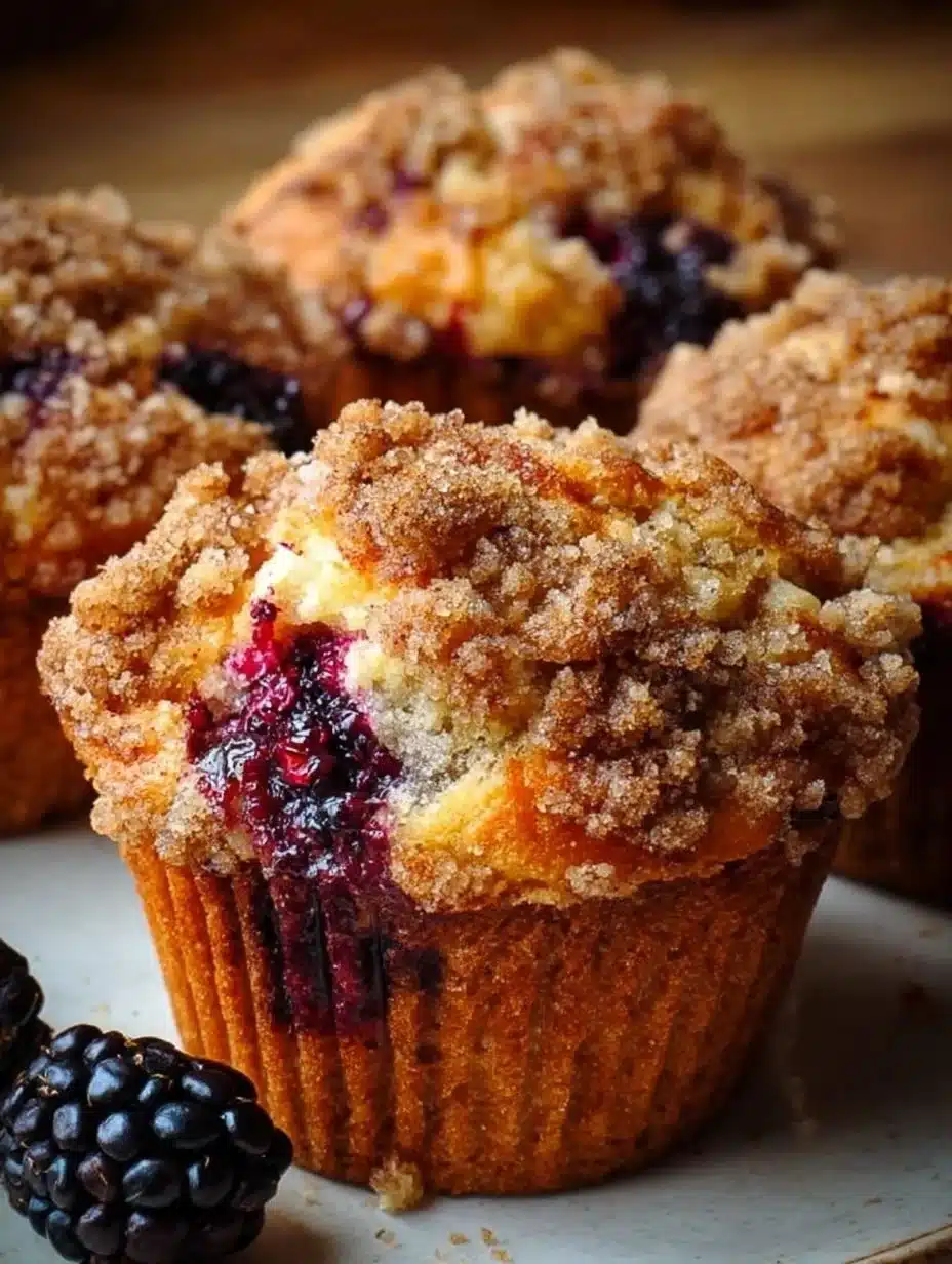 Soft blackberry muffins with a crunchy streusel topping ready to be enjoyed