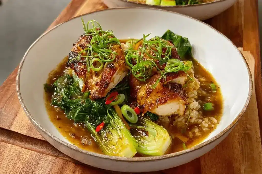 Bowl of Spicy Miso-Ginger Chicken Soup garnished with herbs and vegetables