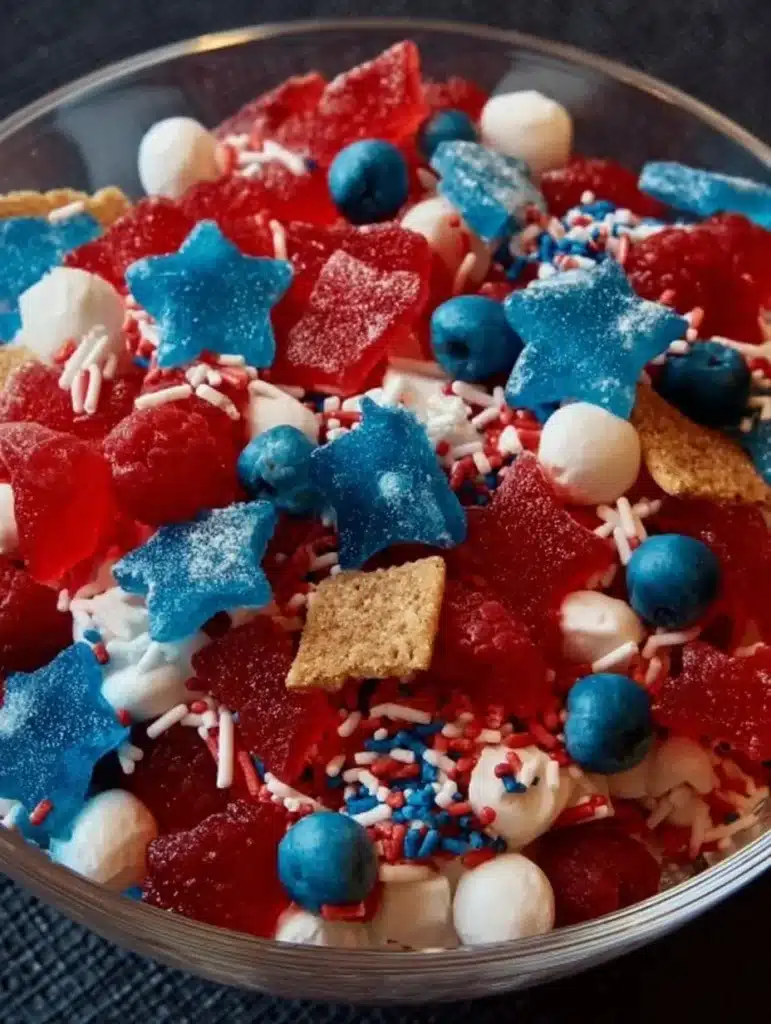 Colorful Stars and Stripes Candy Salad, a festive and delicious dessert.