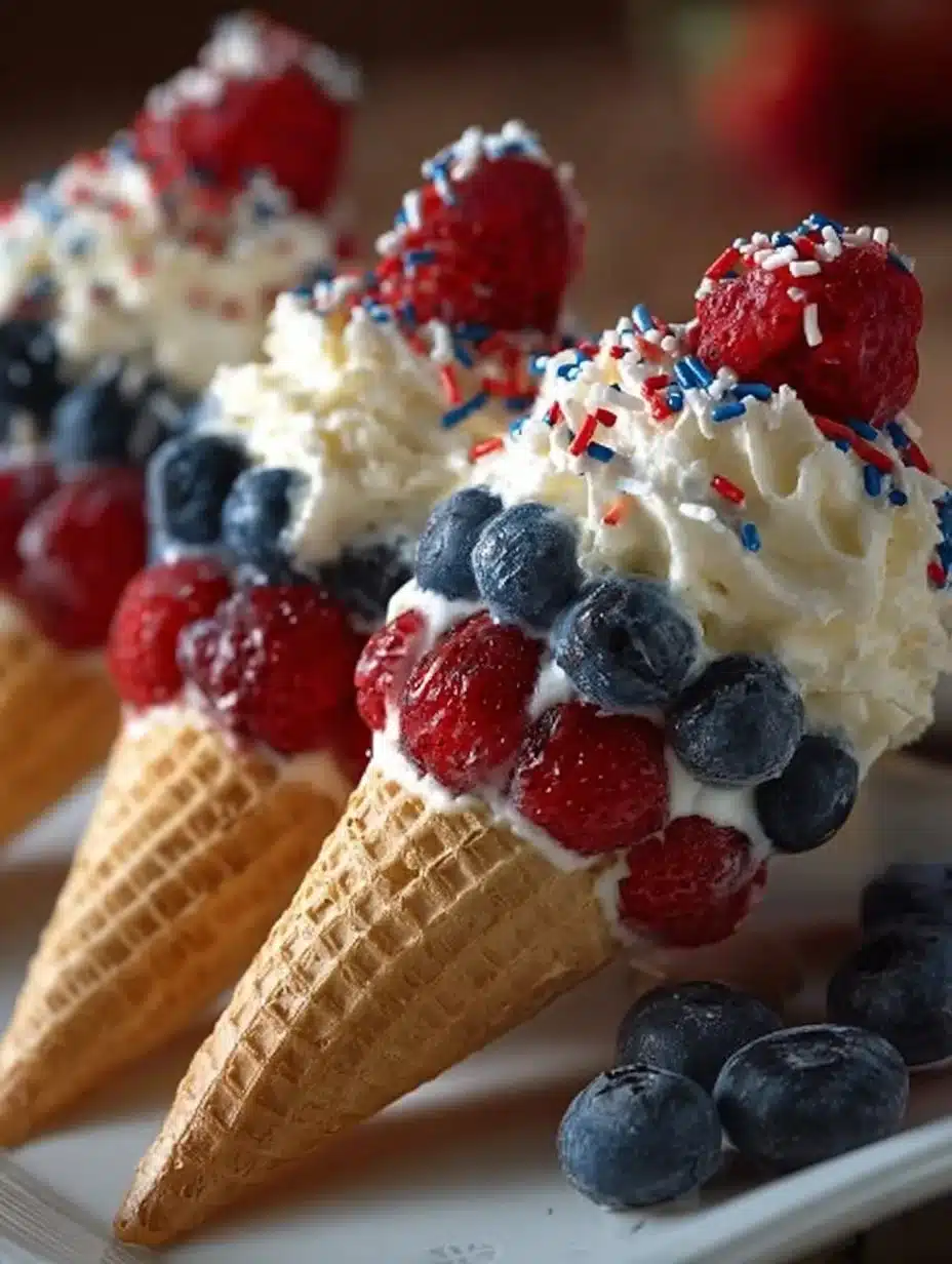 Colorful Stars and Stripes fruit cones filled with fresh fruits for a festive celebration
