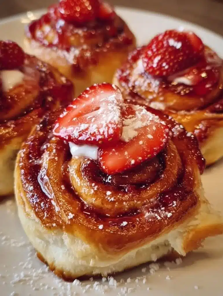Freshly baked strawberry swirl cinnamon rolls with icing.