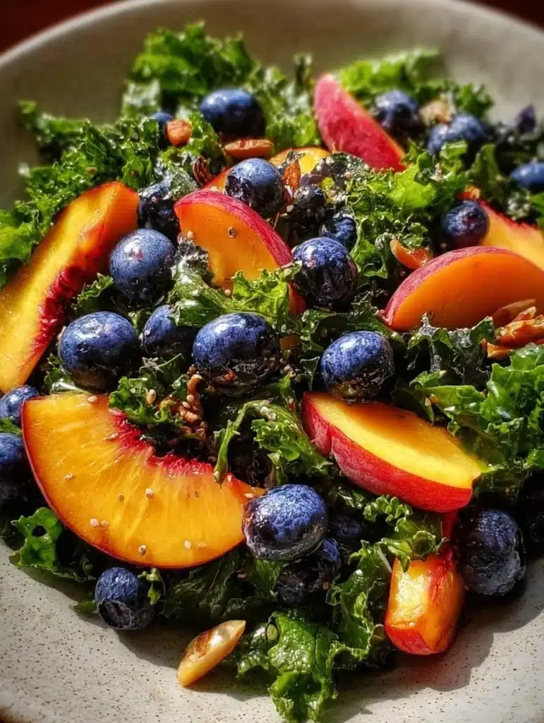 Summer Peach Blueberry Kale Salad with fresh ingredients and vibrant colors