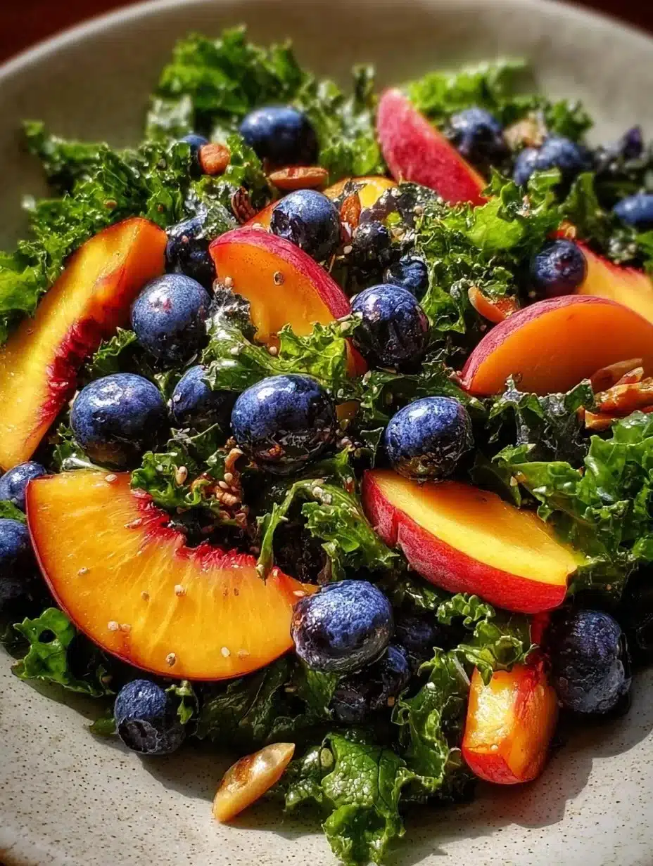 Summer Peach Blueberry Kale Salad with fresh ingredients and vibrant colors
