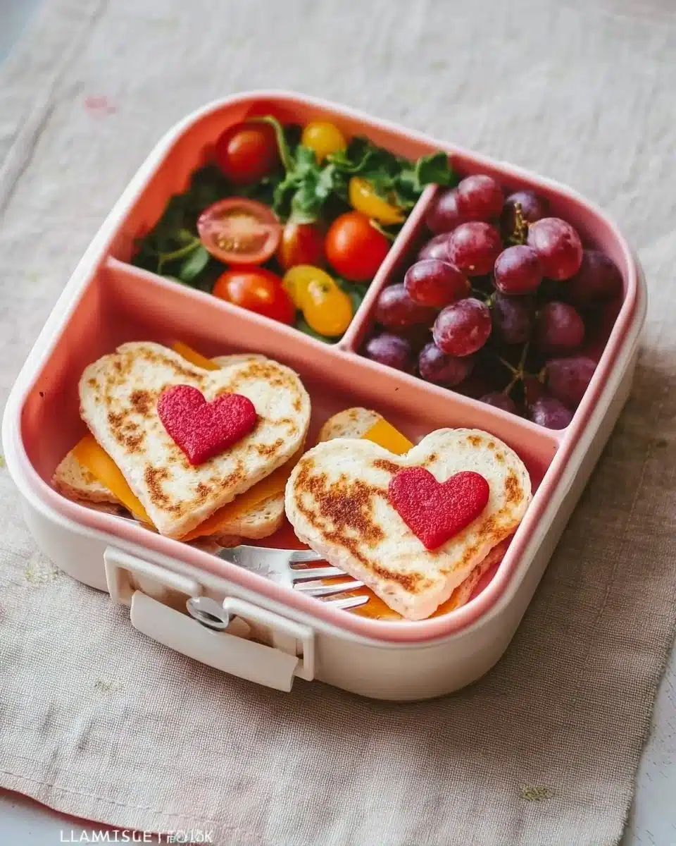 Valentine's Day lunchbox filled with heart-shaped sandwiches and colorful fruit.