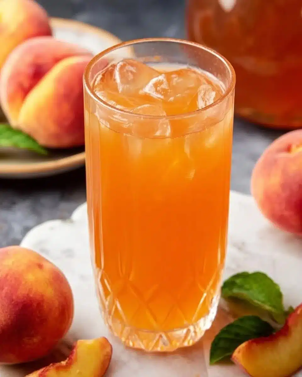 Glass of sweet tea with fresh Southern peaches on a sunny day.
