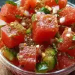 Tajin-Spiced Watermelon Crunch Cups garnished with pickle slices on a colorful plate.