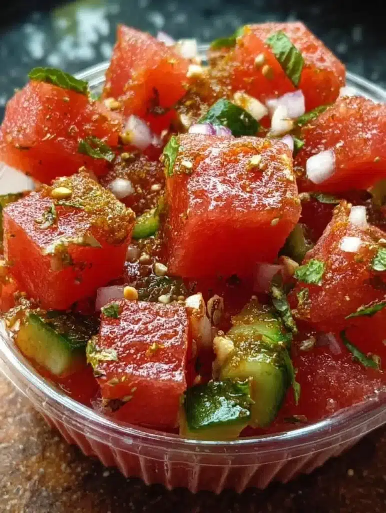 Tajin-Spiced Watermelon Crunch Cups garnished with pickle slices on a colorful plate.