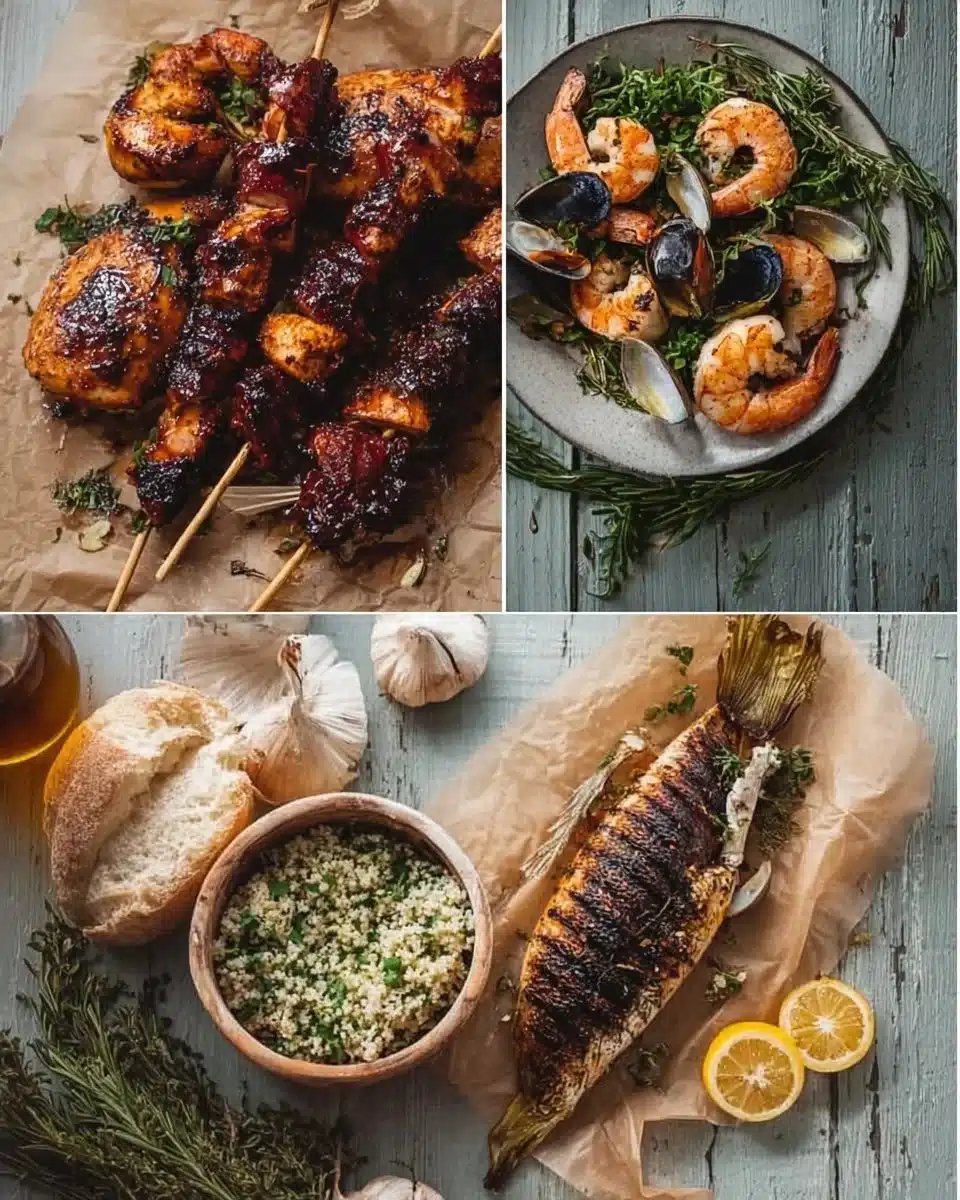 An array of delicious grilling recipes including meats and vegetables on a BBQ grill.