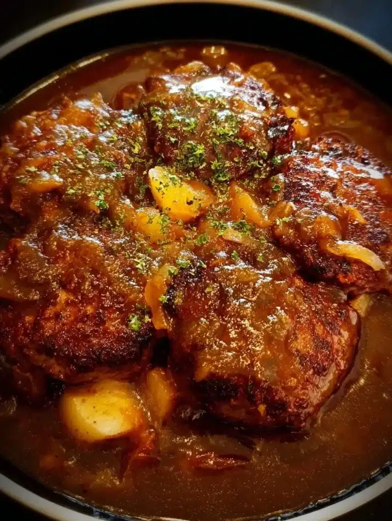 Delicious Western-Style Salisbury steak served with gravy and mashed potatoes