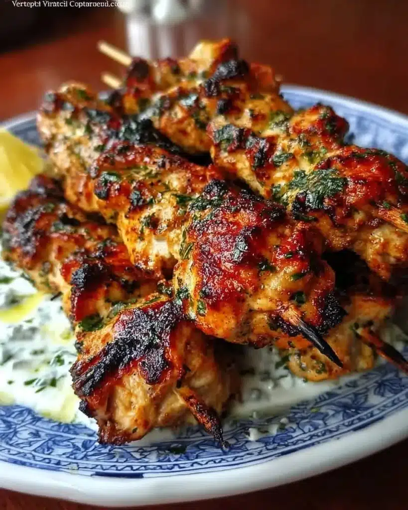 Yogurt-marinated chicken skewers ready for grilling, garnished with herbs.