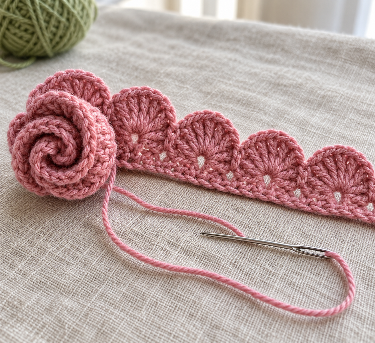Pink crochet strip with six shell petals partly rolled into a spiral flower, with sewing tail and tapestry needle