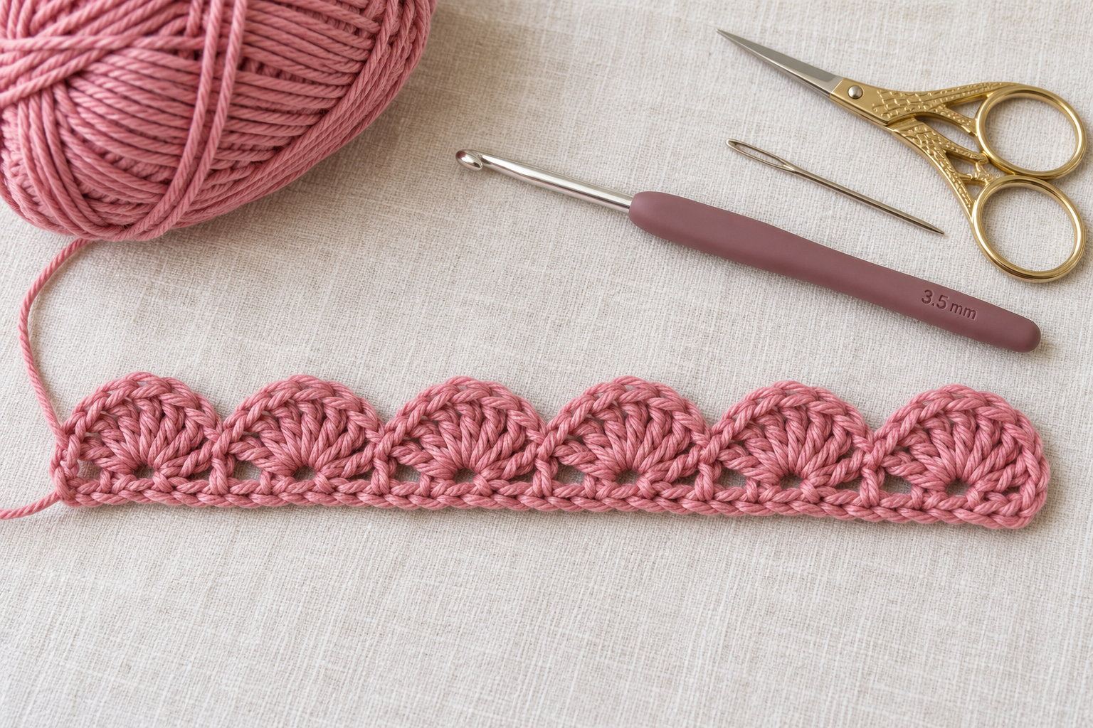 Flat pink crochet strip with six shell-petal fans, yarn, scissors, tapestry needle, and a 3.5 mm hook