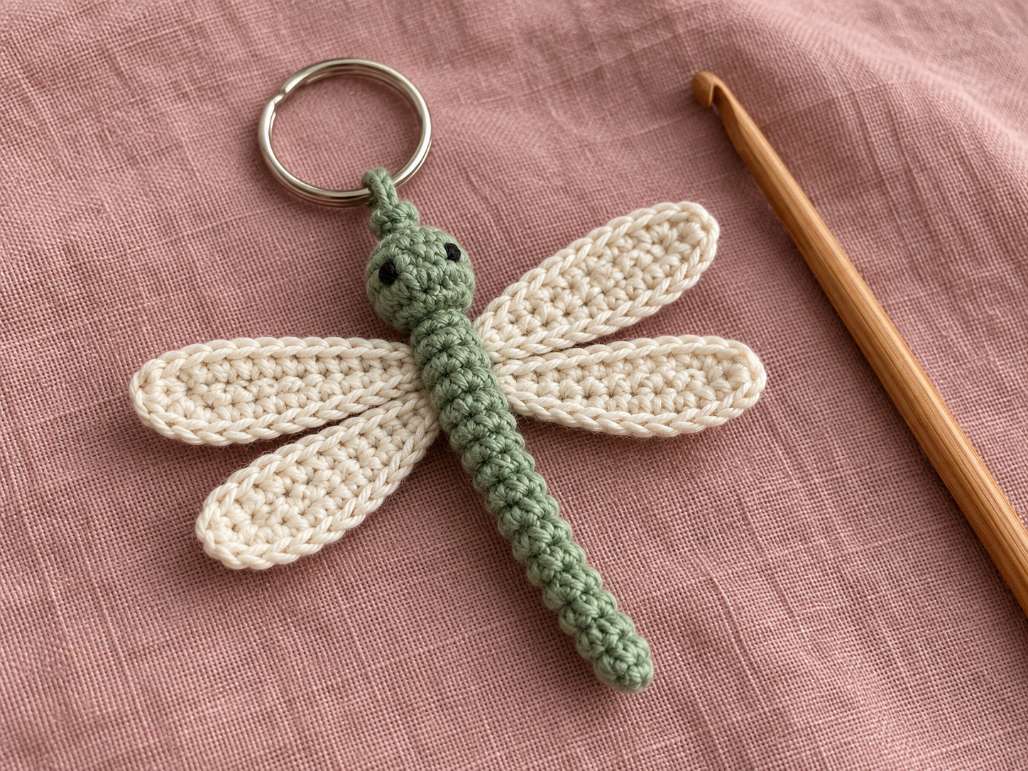Finished sage green and ivory handmade crochet dragonfly keychain with four wings and a silver split ring