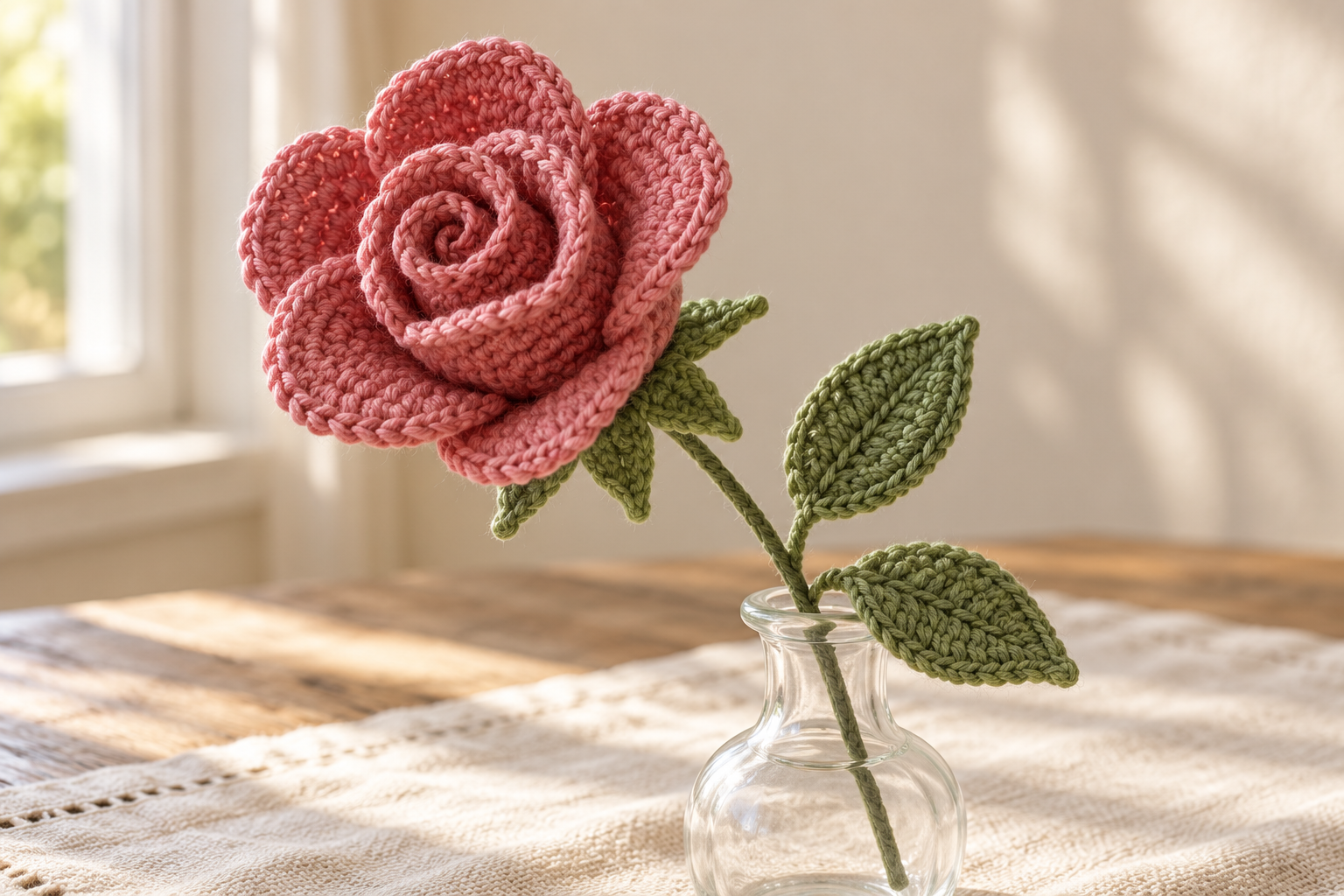 Dusty pink crochet rose made from a curled strip of six shell petals, with a green calyx, two leaves, and a yarn-wrapped stem