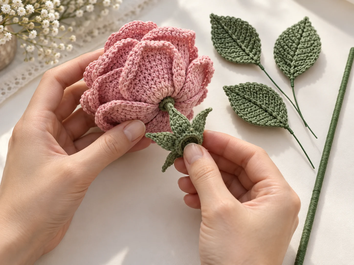 Hands positioning a green crocheted sepal beneath a layered pink crochet rose, with three wired leaves and a wrapped flower stem nearby